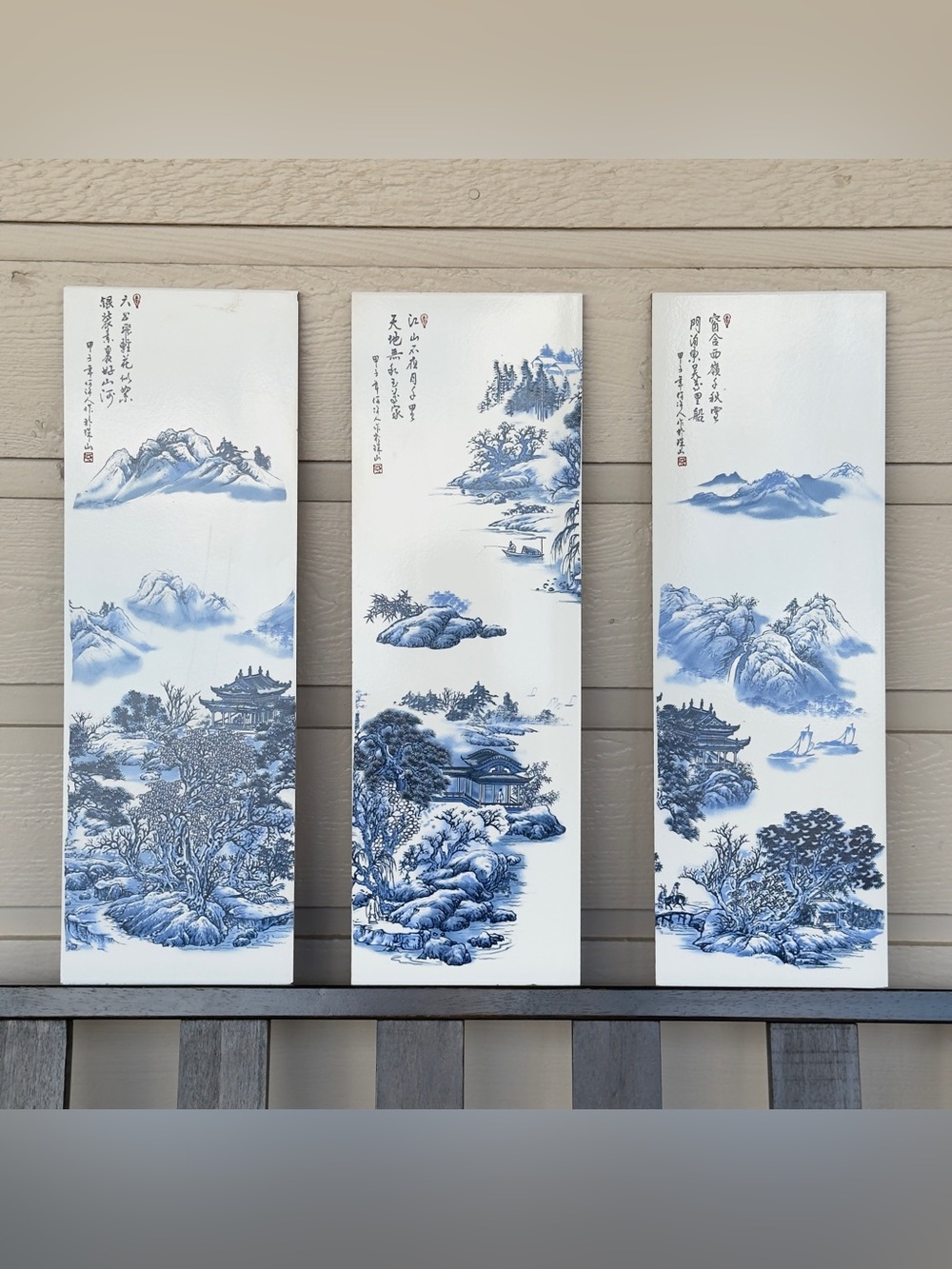Set of 3 Handcrafted Chinese Blue and White Porcelain Wall Panel Paintings